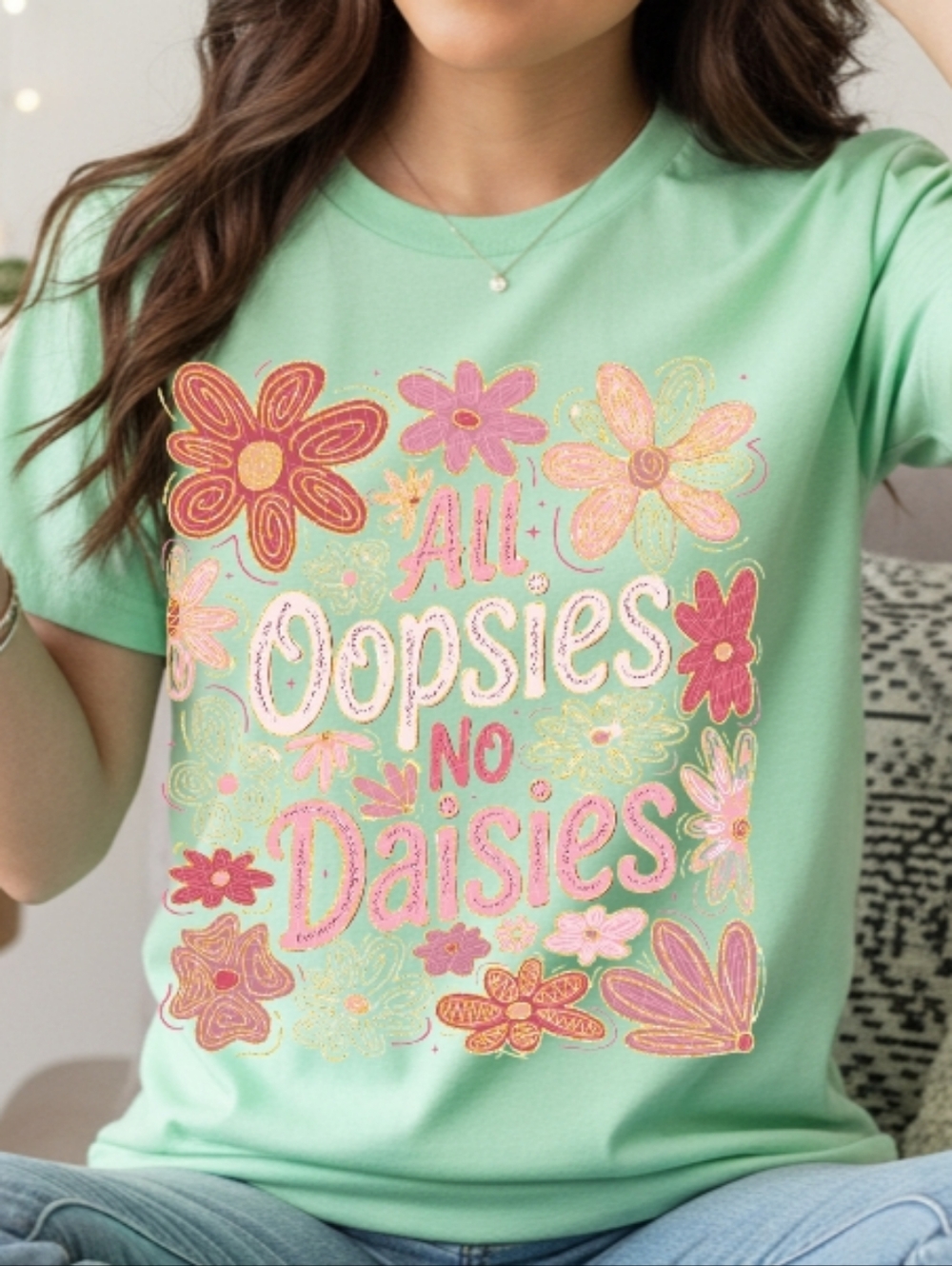 Gildan Mint Green Graphic Tee with Pink & Gold Floral Print